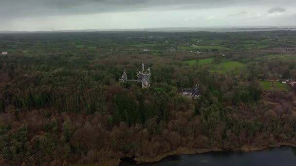 Dromore城堡 爱尔兰利默里克 2022年3月 无人机从东面穿过湖面 穿过林地 深入鸟瞰着这个被破坏的内部 — 图库视频影像