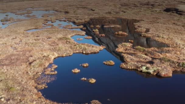 Aerial View Swampy Wetlands Northern Norway Blue Sky Reflected Mirrorlike — Video Stock
