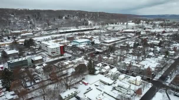 Drone Aerial View Ithaca Usa Cold Winter Season Snow Capped — Vídeos de Stock