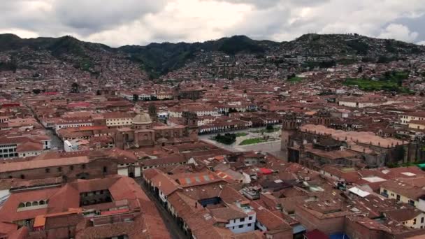 Cusco Stadtbild Des Historischen Zentrums Mit Plaza Armas Peru Drohnenschuss — Stockvideo
