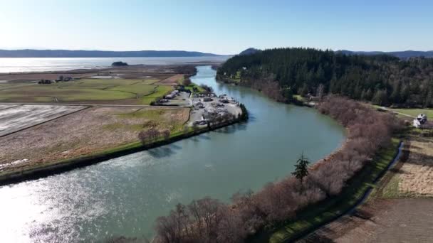 Cinematic Aerial Drone Footage Craft Island Skagit Bay River Valley — стокове відео