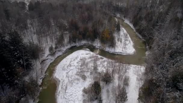 Fly Frozen Χειμερινό Τοπίο Χιονισμένα Κωνοφόρα Δέντρα Στο Γουίντινγκ Ρίβερ — Αρχείο Βίντεο