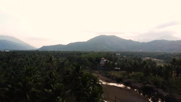 農村の空中ビューベトナムのジャングルの熱帯雨林でカムラン アジアの山の風景の上にドローンフライ — ストック動画