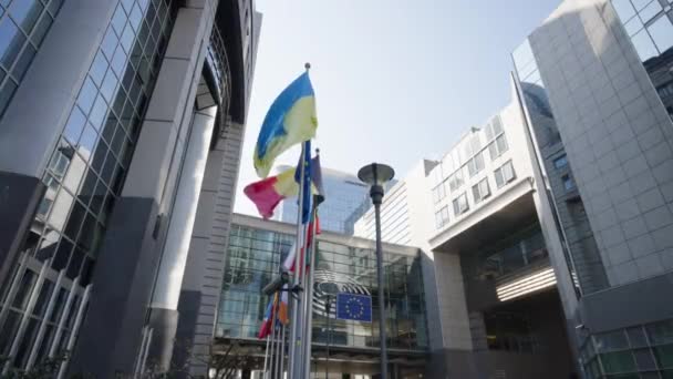 欧盟国家的国旗在比利时布鲁塞尔欧洲议会前飘扬 拜登总统访问乌克兰讨论俄罗斯入侵问题 — 图库视频影像