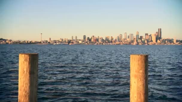 Overlooking Elliot Bay Sunset Seattle Skyline Background — Stockvideo