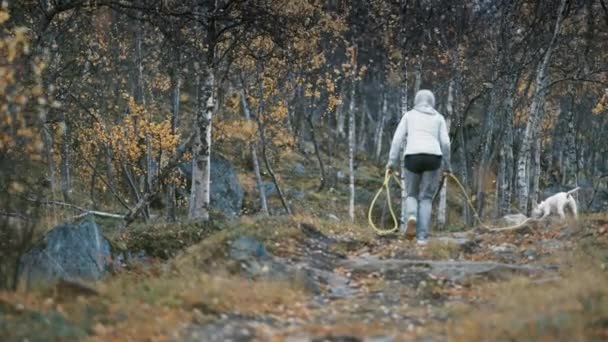 Una Mujer Europea Mediana Edad Caminando Con Pequeño Perro Blanco — Vídeos de Stock