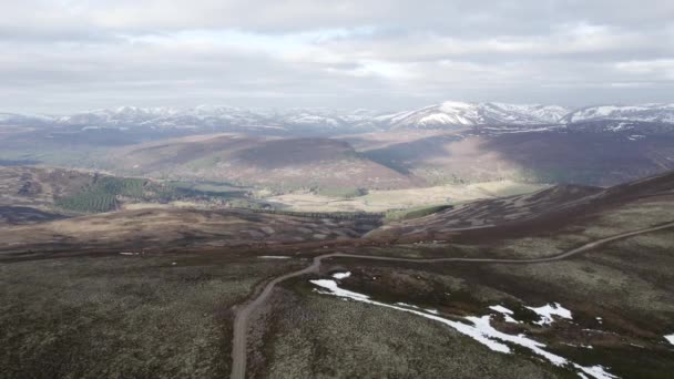 Cinematic Aerial Drone Descending 4X4 Track Heather Moorland Lichen Heath — стоковое видео