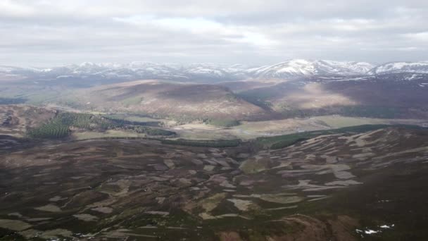 电影中的无人驾驶飞机镜头在一片杂乱无章的野林和松林荒原上缓慢地倒转 俯瞰着冬季的山景 苏格兰Braemar的Morrane Ascent — 图库视频影像