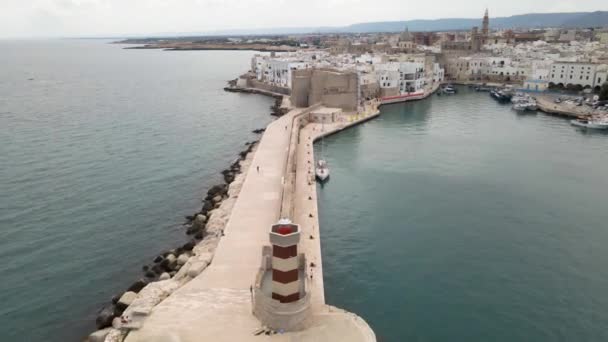 Aerial Drone Shot Pushing Lighthouse Castle Wall Monopoli Italy — Stock Video