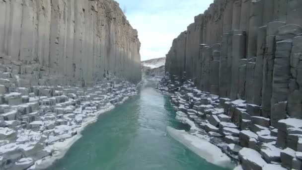 Unique Volcanic Basalt Column Formation Jkuldalur Valley Eastern Iceland Tourist — Stockvideo