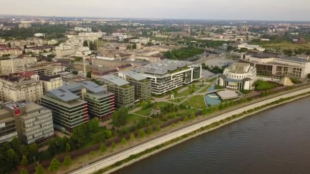 Cinematic Aerial Drone Trucking Shot National Theatre Ludwig Museum Ziggurat — Wideo stockowe