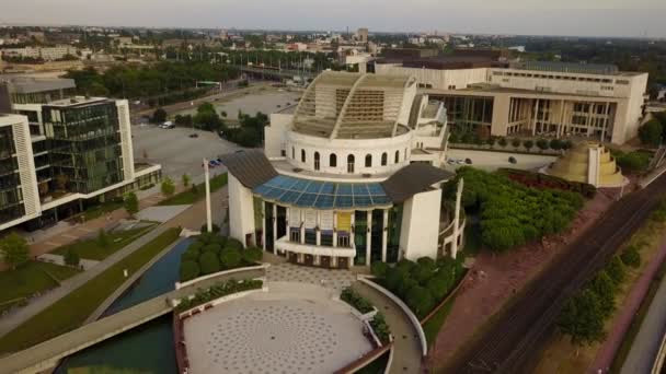 Cinematic Aerial Drone Dolly Out Shot National Theatre Ludwig Museum — ストック動画
