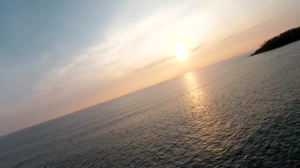 Relaxing Aerial Drone Turning Sun Ocean Rippling Sunset Sunlight Reflection — Stockvideo