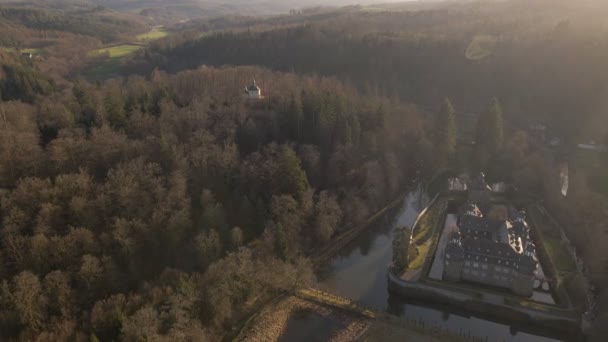 Ancient Chapel Towering Hill Crottorf Castle Sunset Aerial Tracking Shot — Wideo stockowe