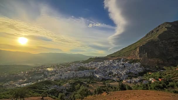 Time Lapse Shot Beautiful Golden Sunset Ancient City Chefchaoen Africa — Vídeos de Stock