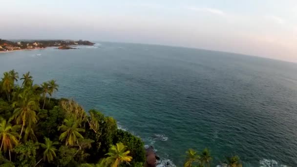 スリランカの日没時に深い青色の広大な海に木々がある島の丘の上の空中ドローンパン — ストック動画