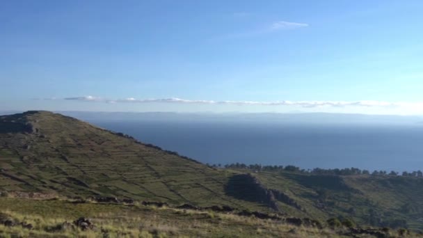 Scenic Aerial Drone View Lake Titicaca Countryside Hills Sun Hidden — Stock video