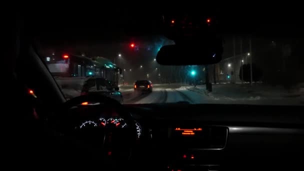 Snow Covered City Streets Heavy Snowfall Pov Driving Making Right — Wideo stockowe