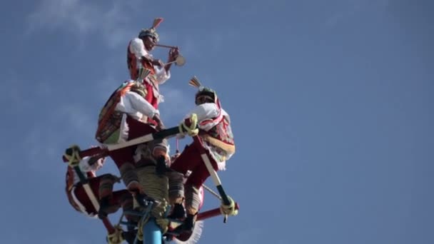 Voladores Papantla Στην Κορυφή Του Στύλου Στην Αρχή Της Παράστασης — Αρχείο Βίντεο