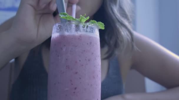 Female Drinking Smoothie Restaurant Thailand — Stockvideo