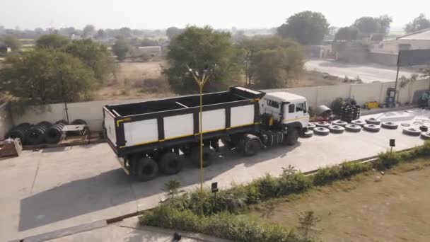 Drone Fly New Truck Model Parked Manufactory Production Factory Based — Stock Video