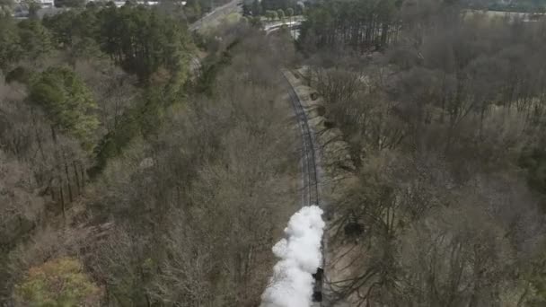 Slow Motion Aerial Drone Shot Steam Train Engine Moving Tracks — стоковое видео