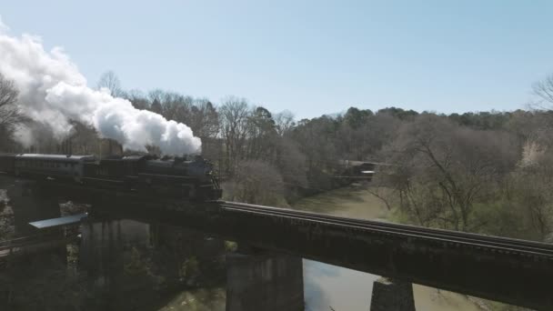 Aerial Drone Shot Steam Train Engine Moving Bridge Chattanooga — стокове відео