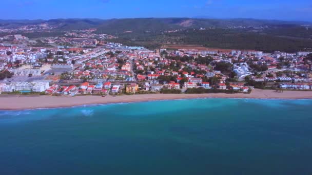 Aerial Filming Performing Lateral Traveling Right Left Beach Background Houses — Vídeo de stock