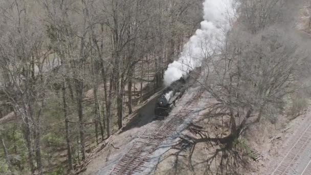 Slow Motion Aerial Drone Shot Steam Train Engine Moving Tracks — Stock Video