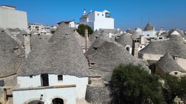 Aerial Drone Close Shot Trullis Small Houses Whitewashed Stone Huts — Video Stock