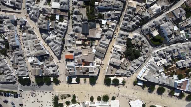 Aerial Drone Top Wide Shot Small Walking Streets Alberobello Italy — стоковое видео