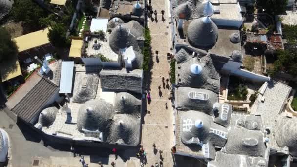 Aerial Drone Top Shot Small Walking Streets Alberobello Italy Whitewashed — Stok video