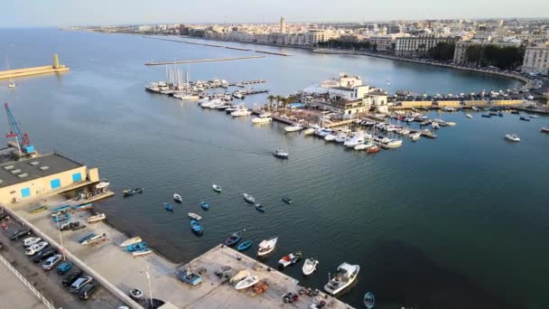 Aerial Drone Shot Headed Port Bari Italy Lots Boats Yachts — Stockvideo