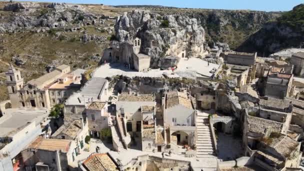 Aerial Drone Shot Headed Huge Rock Matera Italy Oldest Ancient — Stok video