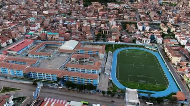 Aerial View Inca Garcilaso Vega College Stadium Cusco Peru Drone — Stockvideo