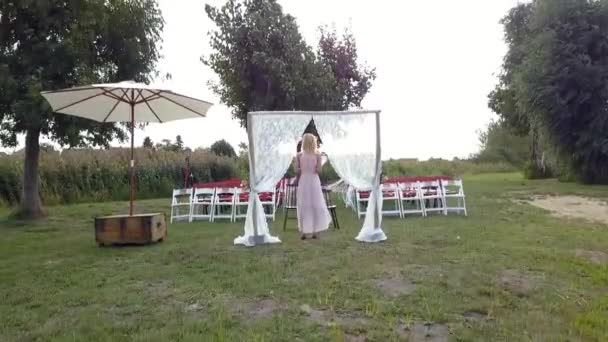 一个自由的婚礼讲演者在夏天的时候 在湖边空旷的座位前发表了她的演讲 菲利普 马尔尼茨的电影自然观 — 图库视频影像