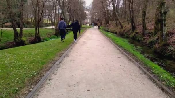 Pov Walking Couple Path Local Park Ordes Corua Марта 2022 — стоковое видео