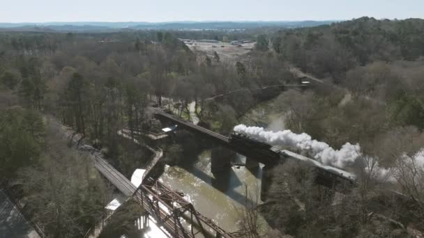 Slow Motion Wide Aerial Drone Shot Steam Train Engine Moving — Stockvideo