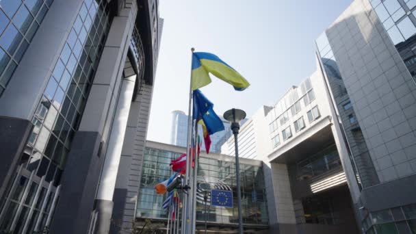 Bendera Ukraina Dan Bendera Negara Uni Eropa Melambai Depan Parlemen — Stok Video