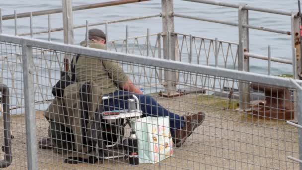Hombre Sentado Con Gorra Plana Organizando Hobby Equipo Pesca Junto — Vídeo de stock