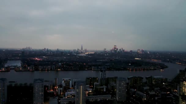 Aerial Shot City London Canary Wharf Sunset Winter — стоковое видео
