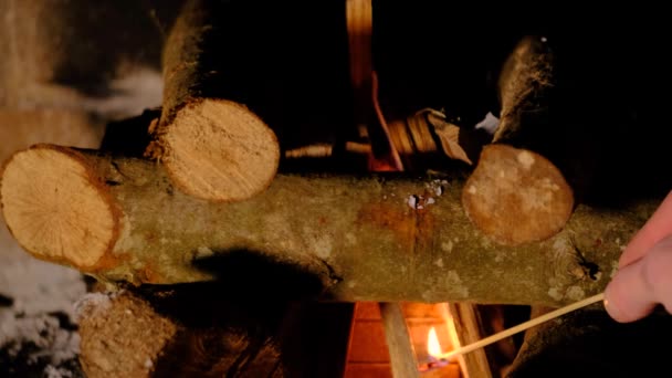 Logs Wood Being Set Fire Fireplace — Stock Video