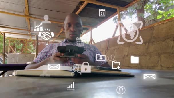 Futuristic Graphical Design Man Using Phone Young African Mad Reading — Vídeo de Stock
