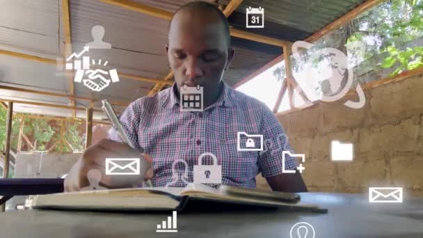 Futuristic Graphical Design Man Using Phone Young African Mad Reading — Stockvideo