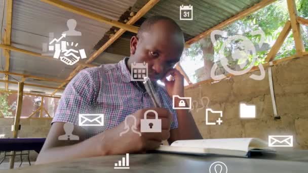 Futuristic Graphical Design Man Using Phone Young African Mad Reading — Vídeo de Stock