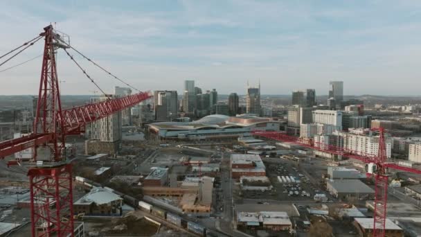 Aerial Drone Shot Passing Two Construction Towers Downtown Nashville — Wideo stockowe