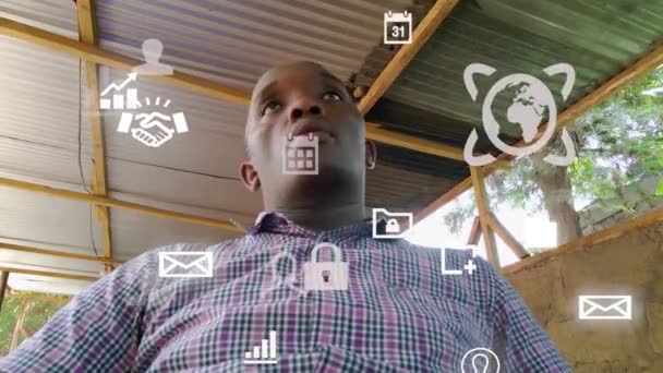 Futuristic Graphical Design Man Using Phone Young African Mad Reading — Stock video