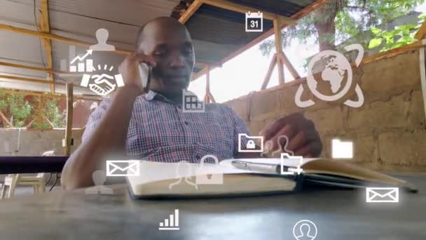 Futuristic Graphical Design Man Using Phone Young African Mad Reading — Stock video