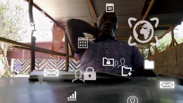 Futuristic Graphical Design Man Using Phone Young African Mad Reading — Vídeo de Stock