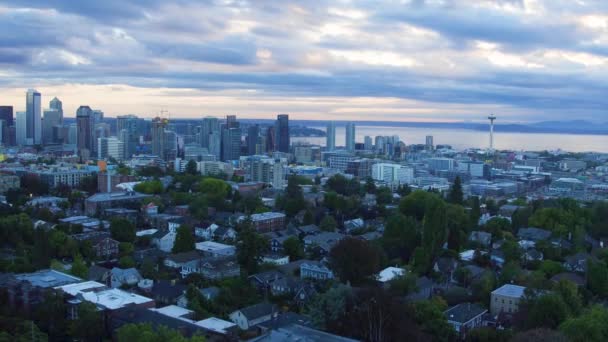 Wide Aerial Shot Pulling Away Seattle Dense Downtown District Circa — стоковое видео